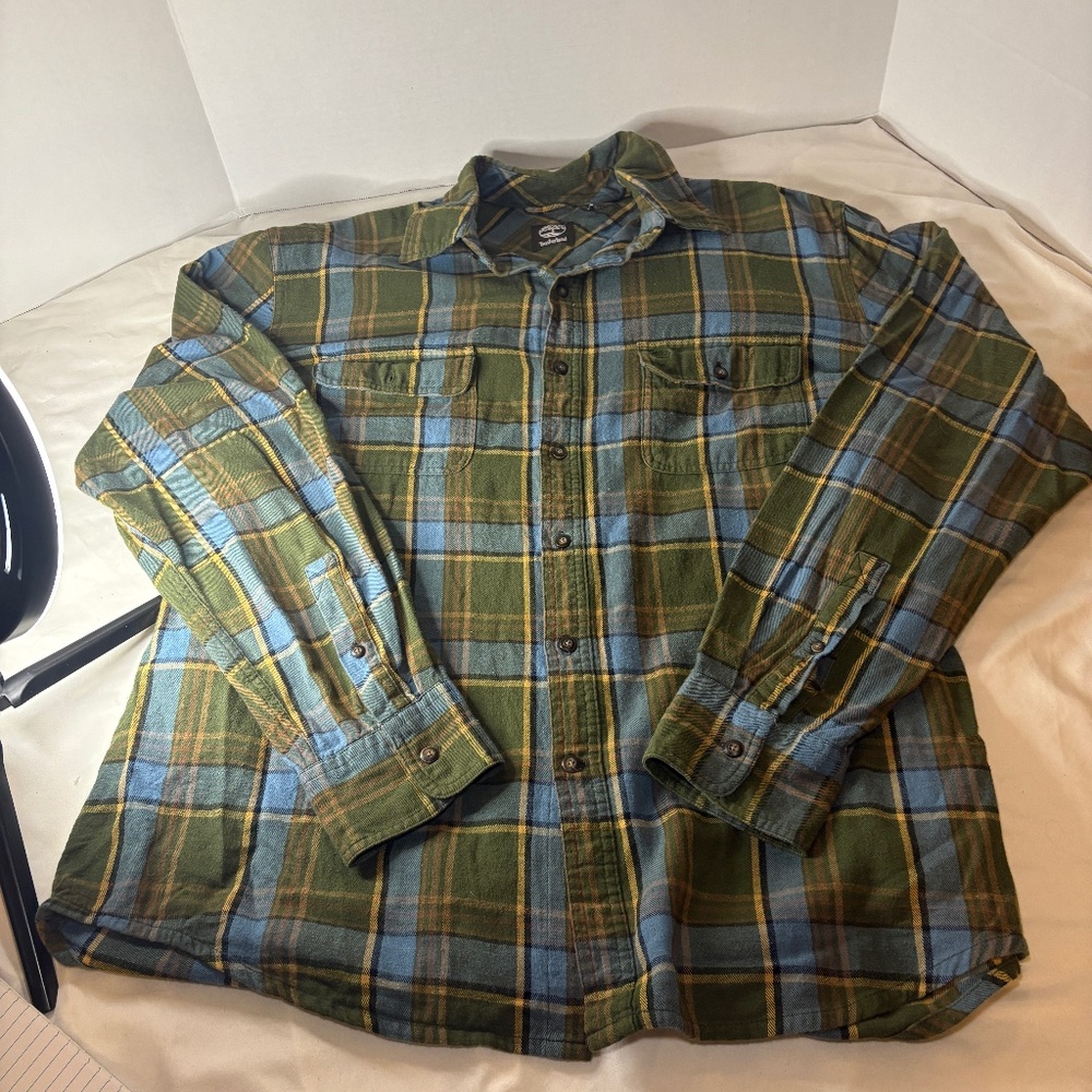 Timberland 100% Cotton Flannel Green/Blue Plaid Shirt Large